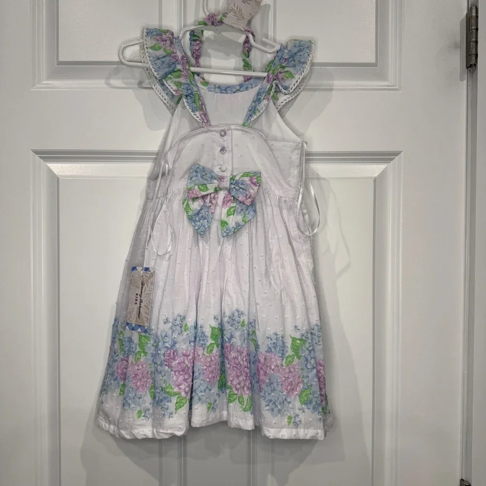 Tommy Bahama Kids Dress White Floral Hydrangea‎ Ruffle Neck Headband Set Size 4T